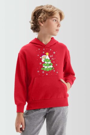 Hoho Santa Tree Printed Red Hoodie Hand in Pocket