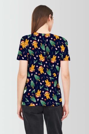 Women Green Tree Gingerbread Printed Christmas T Shirt Back Pose