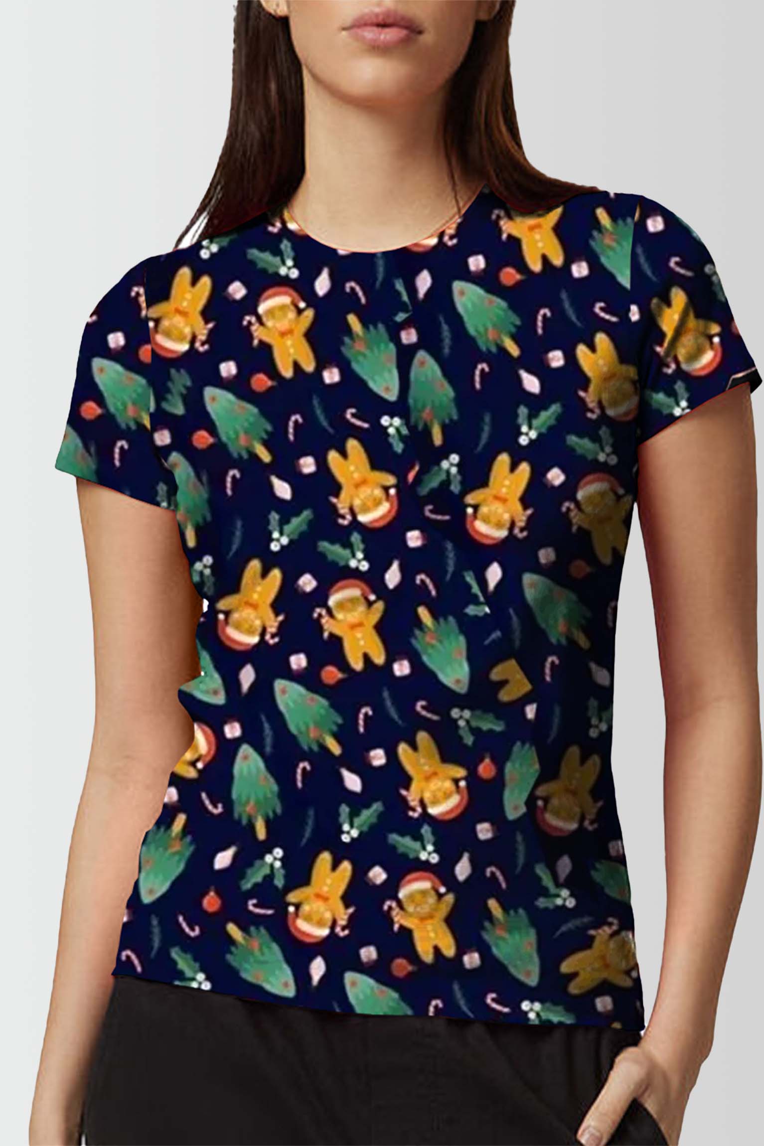 Women Green Tree Gingerbread Printed Christmas T-Shirt