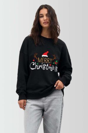 Women Merry Xmas Holy Printed Christmas Sweatshirt Hand in Pocket