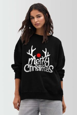 Women Merry Xmas with Antler Printed Christmas Sweatshirt