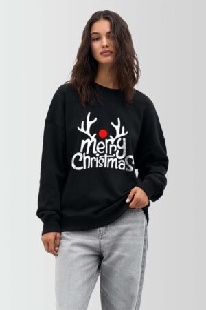 Women Merry Xmas with Antler Printed Christmas Sweatshirt Hand in Pocket