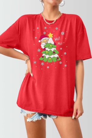 Women Oversized Hoho Printed Christmas Top Red