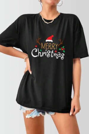 Women Oversized Merry Xmas Holy Printed Christmas Top Black