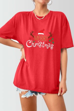 Women Oversized Merry Xmas Holy Printed Christmas Top Red