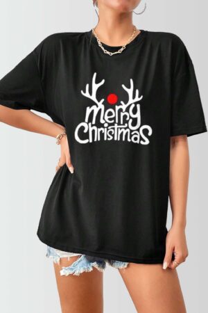 Women Oversized Merry Xmas with Antler Printed Christmas Top Black