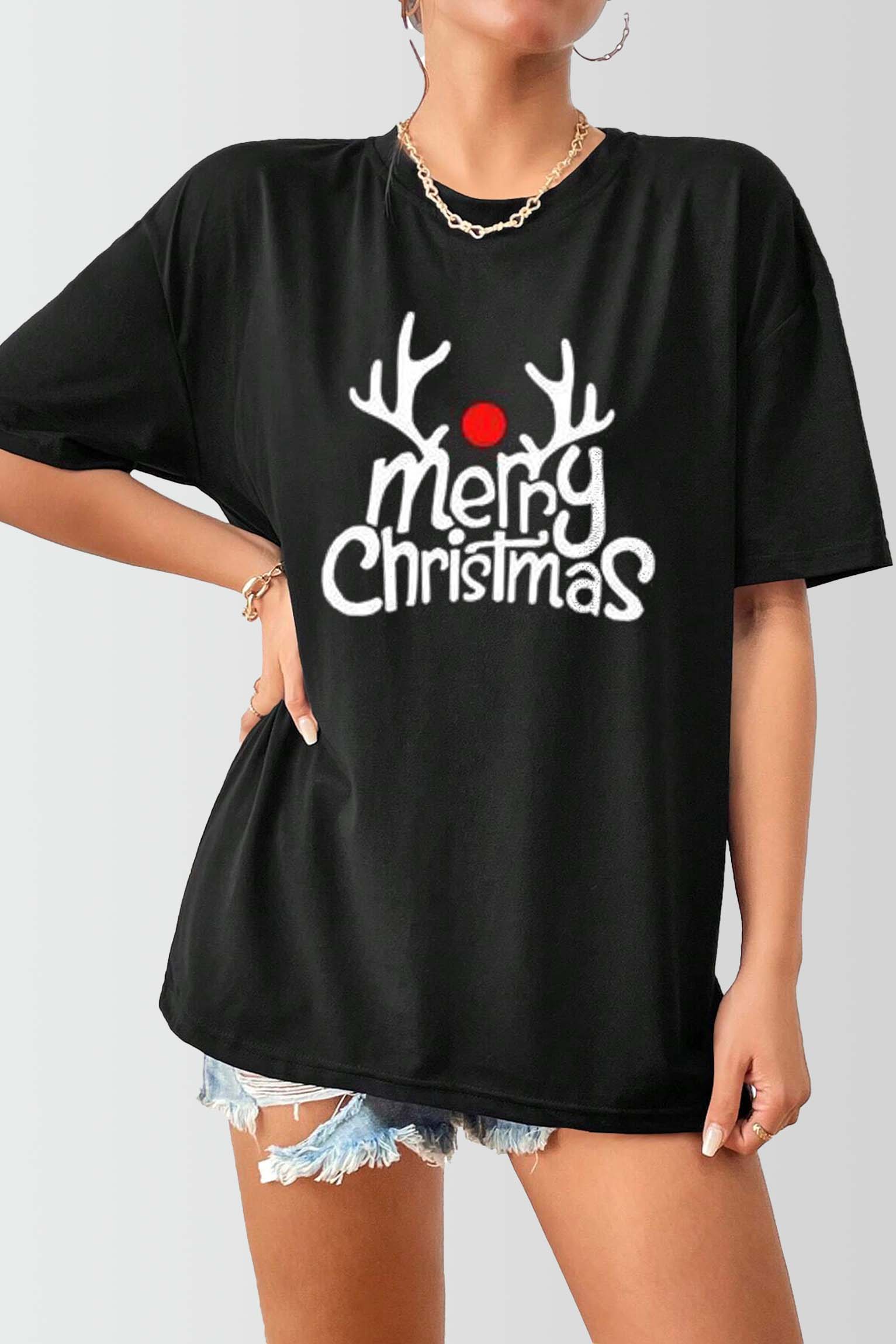 Women Merry Xmas With Antler Printed Christmas Oversize T-Shirt