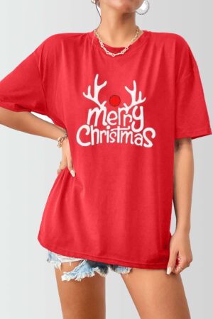 Women Oversized Merry Xmas with Antler Printed Christmas Top Red