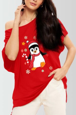 Women Penguin Printed Off Shoulder Christmas Top Red