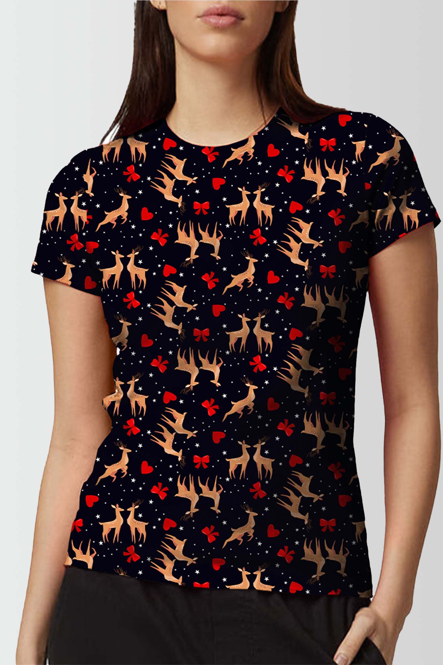 Women Reindeer Love Snow Flake Printed Christmas T-Shirt