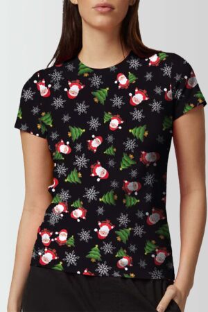 Women Santa Tree Snowfalke Printed Christmas T Shirt