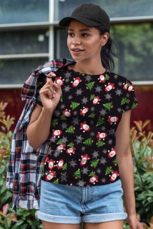 Women Santa Tree Snowfalke Printed Christmas T Shirt Live Image