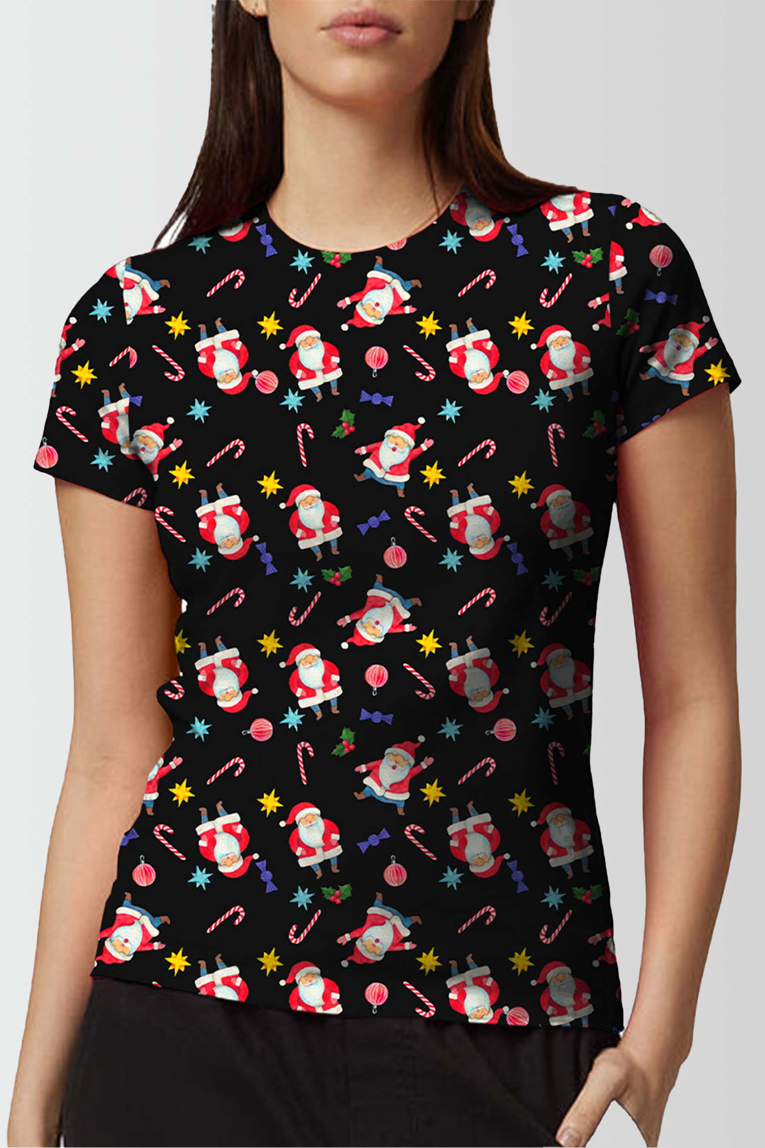 Women Santa & Candy Printed Christmas T-Shirt