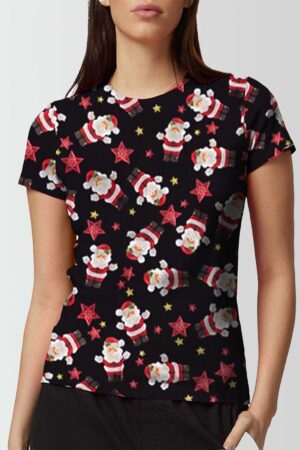 Women Santa with Star Printed Christmas T Shirt