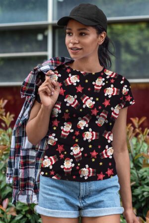 Women Santa with Star Printed Christmas T Shirt Live Image