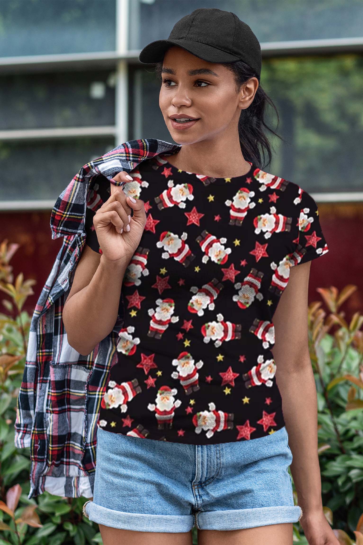Second image of Women Santa With Star Printed Christmas T-Shirt