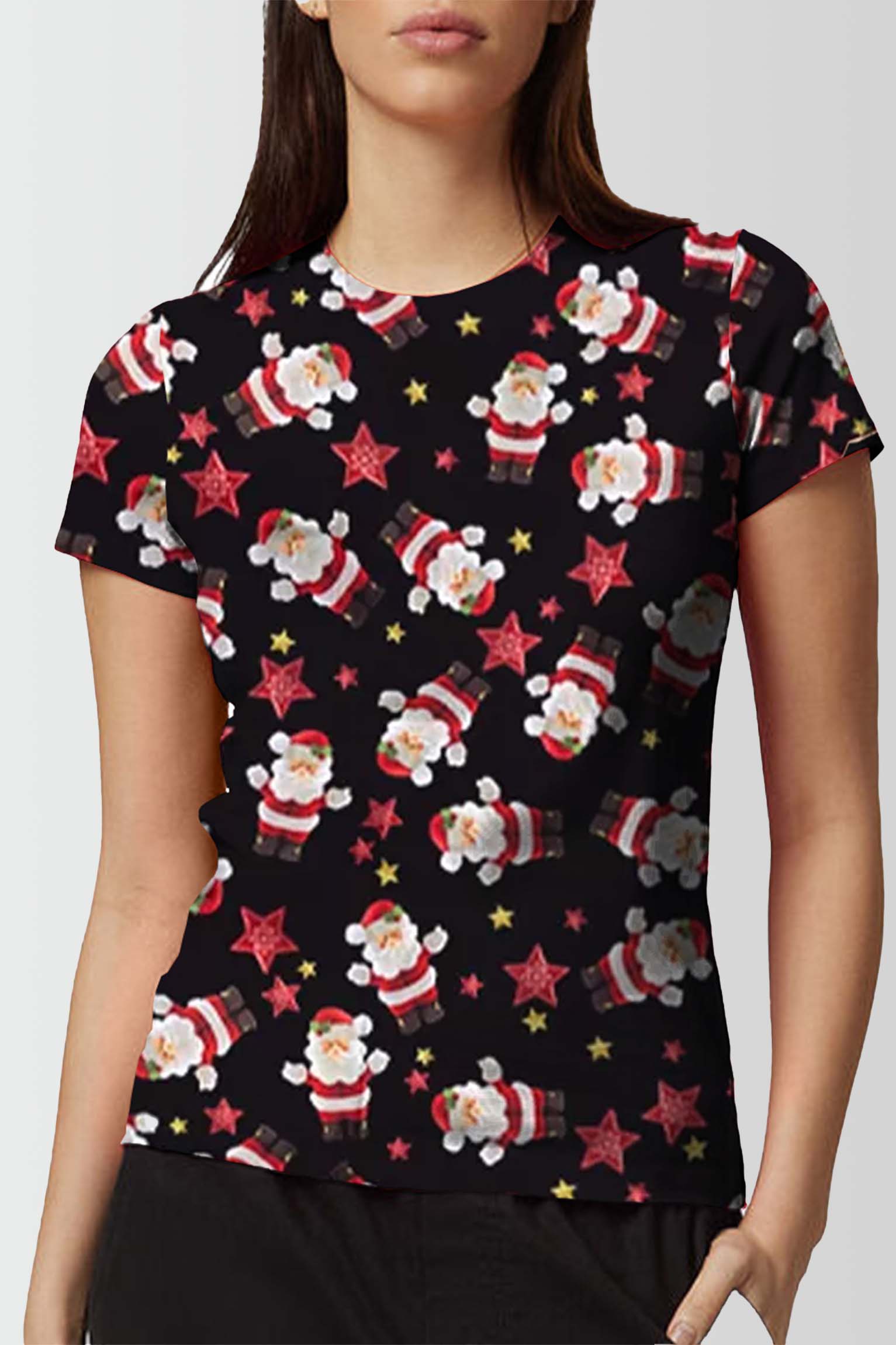 Women Santa With Star Printed Christmas T-Shirt