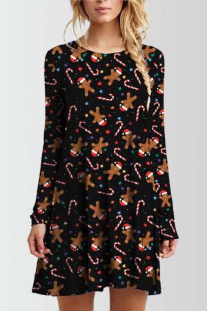 Women Star with Gingerbread Printed Christmas Swing Dress