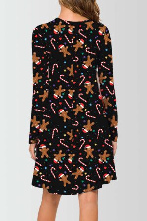 Women Star with Gingerbread Printed Christmas Swing Dress Back Pose