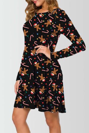 Women Star with Gingerbread Printed Christmas Swing Dress Side Pose