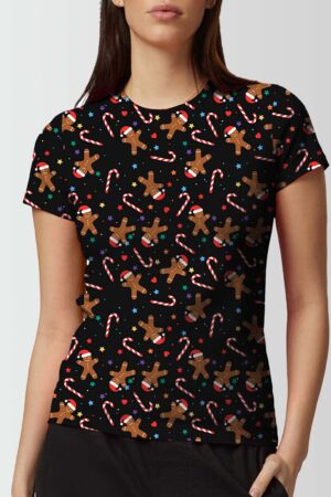 Women Star with Gingerbread Printed Christmas T Shirt