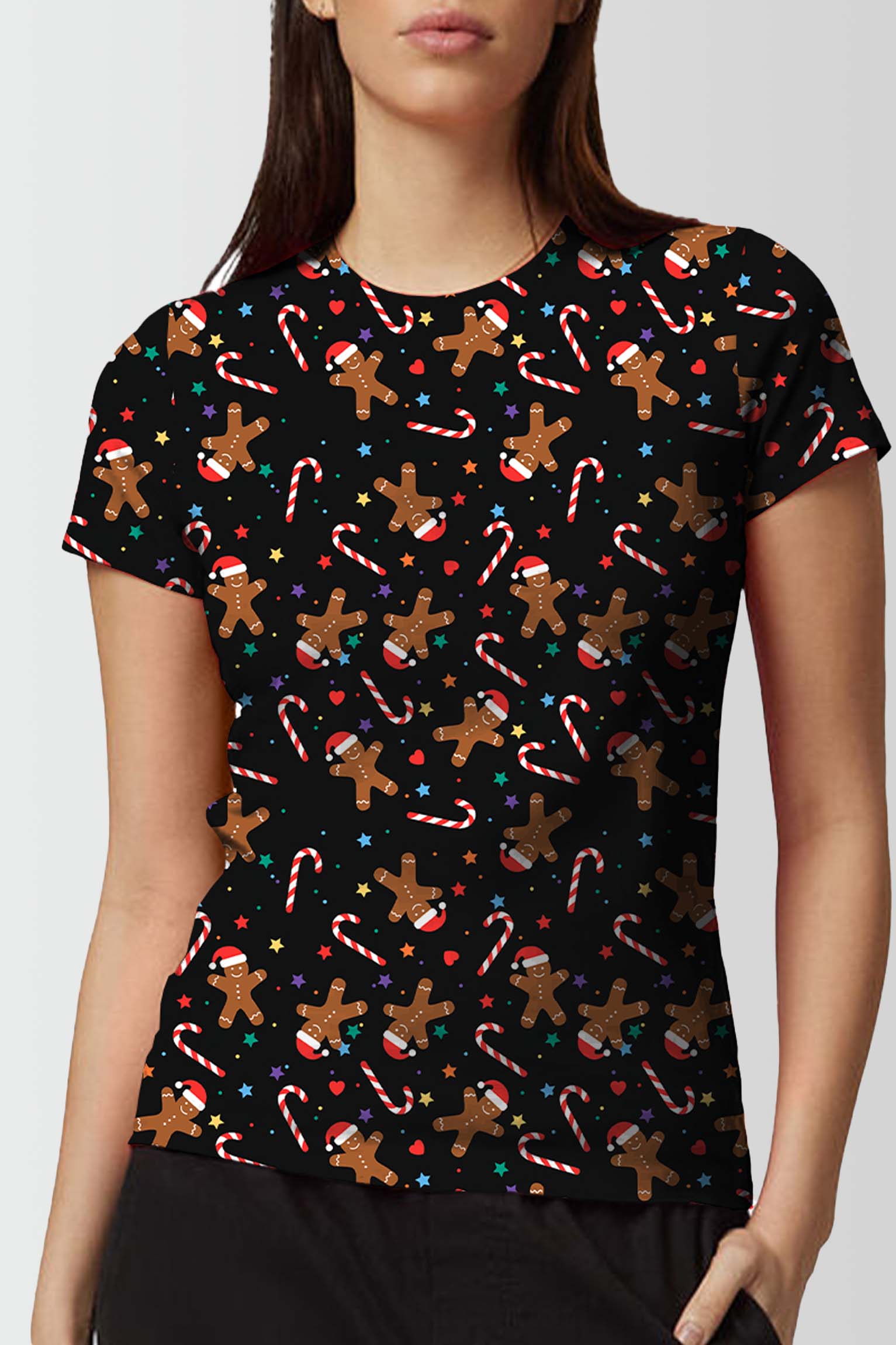 Women Star With Gingerbread Printed Christmas T-Shirt