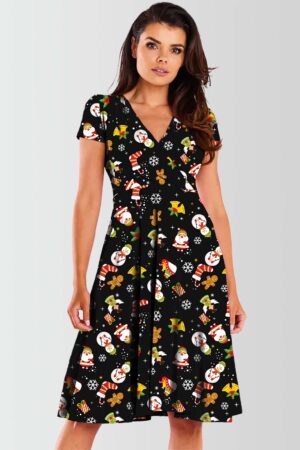 Angel and Snowman Printed Christmas Swing Dress