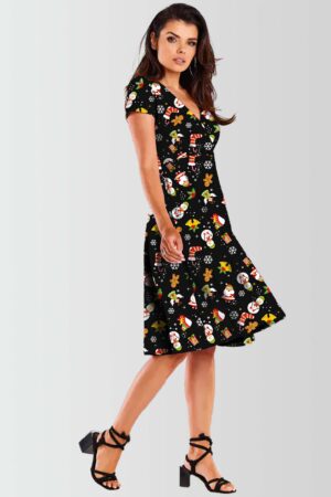 Angel and Snowman Printed Christmas Swing Dress Side Pose