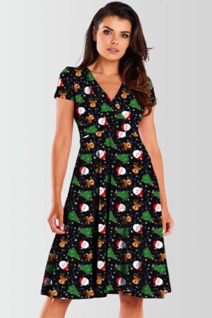Santa Face with Tree Printed Christmas Swing Dress