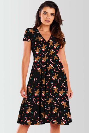 Star with Gingerbread Printed Christmas Swing Dress