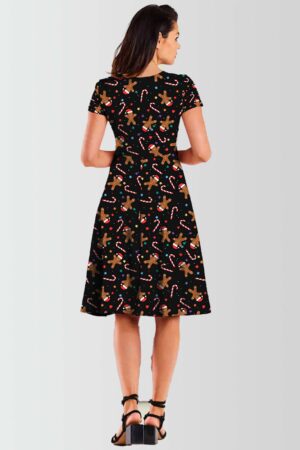 Star with Gingerbread Printed Christmas Swing Dress Back Pose