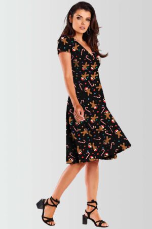 Star with Gingerbread Printed Christmas Swing Dress Side Pose