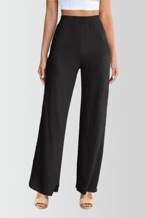 Casual Pants Rib-Knit Wide Leg Trousers Black