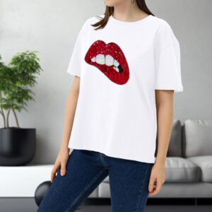 Women’s Oversized Drop Shoulder Red Lips Print T-Shirt