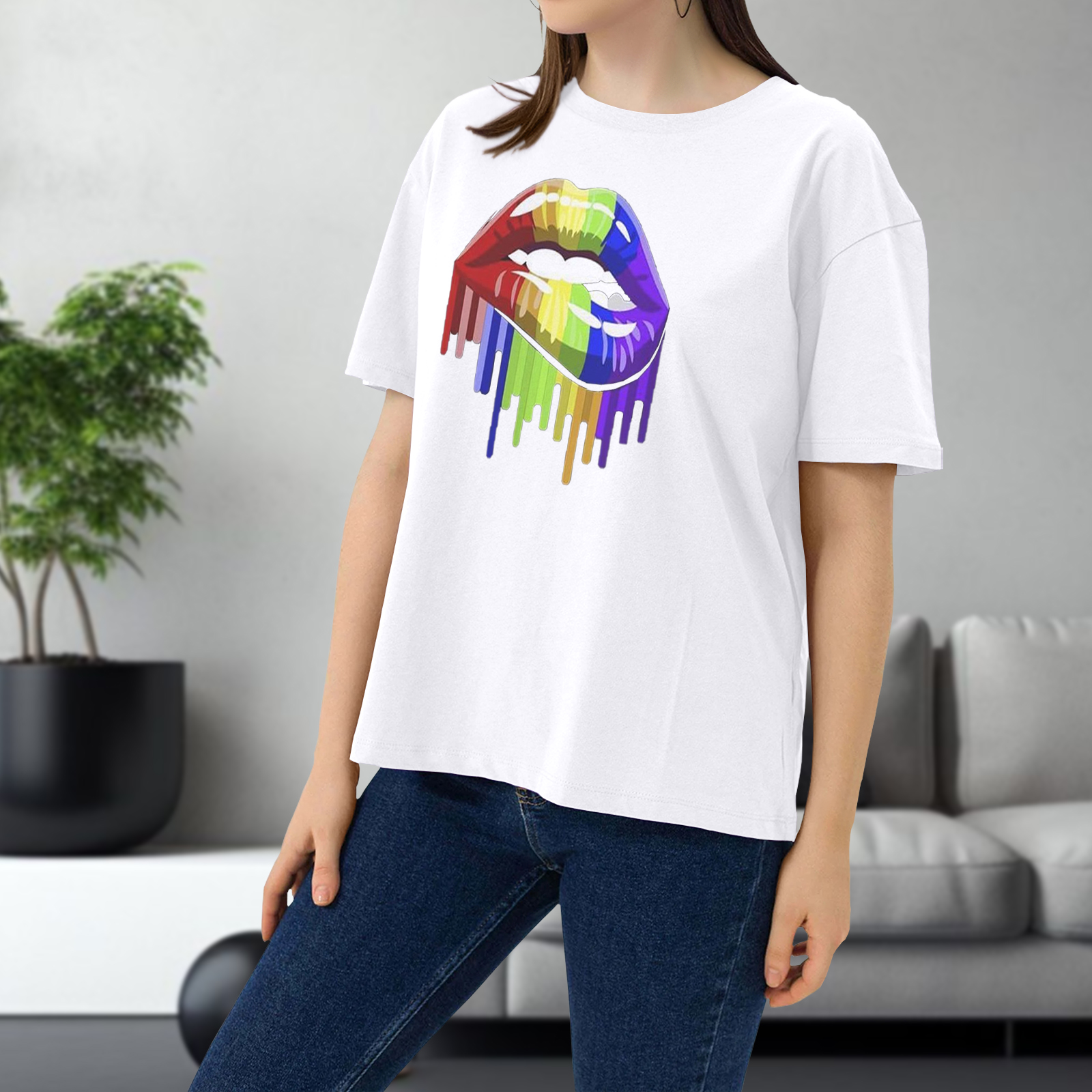 Women’s Oversized Drop Shoulder Rainbow Lips Print T-Shirt