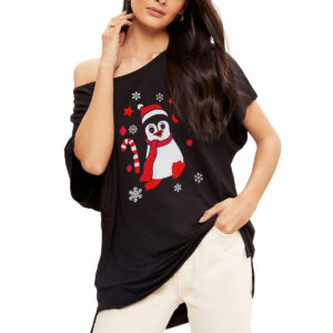 Women’s Curved Hem Penguin Snowflake Print T-Shirt