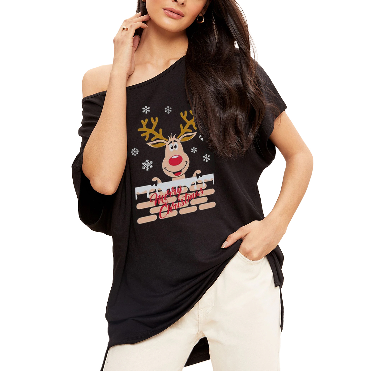 Women’s Curved Hem Reindeer On The Wall Print T-Shirt