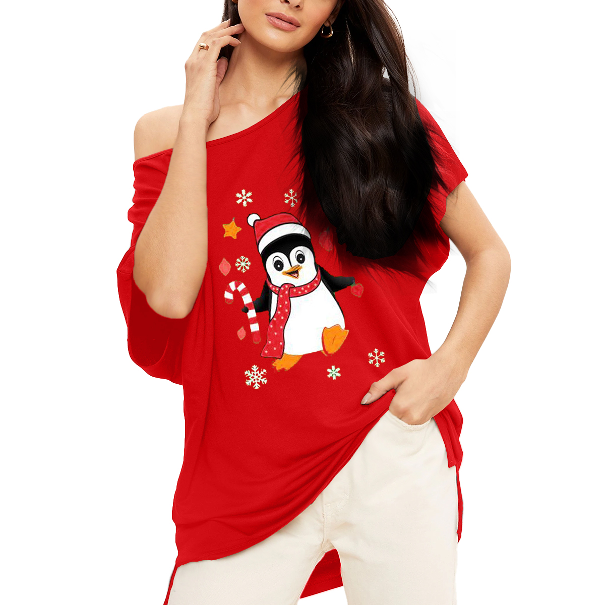 Women’s Curved Hem Red Penguin Snowflake Print T-Shirt
