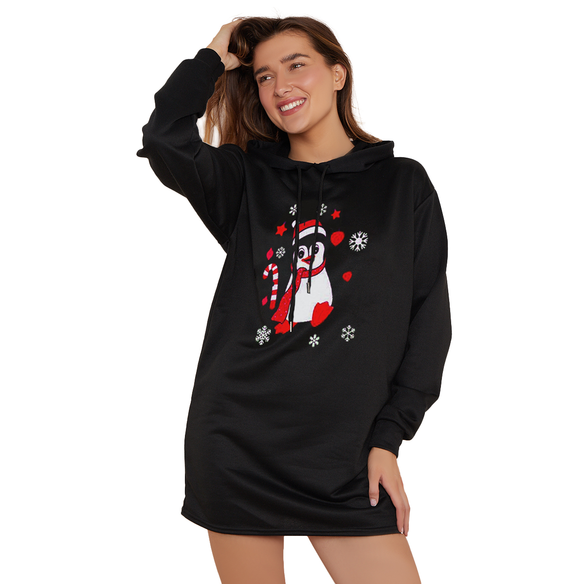 Women’s Fleece Knit Xmas Jumper – Penguin Snowflake Print