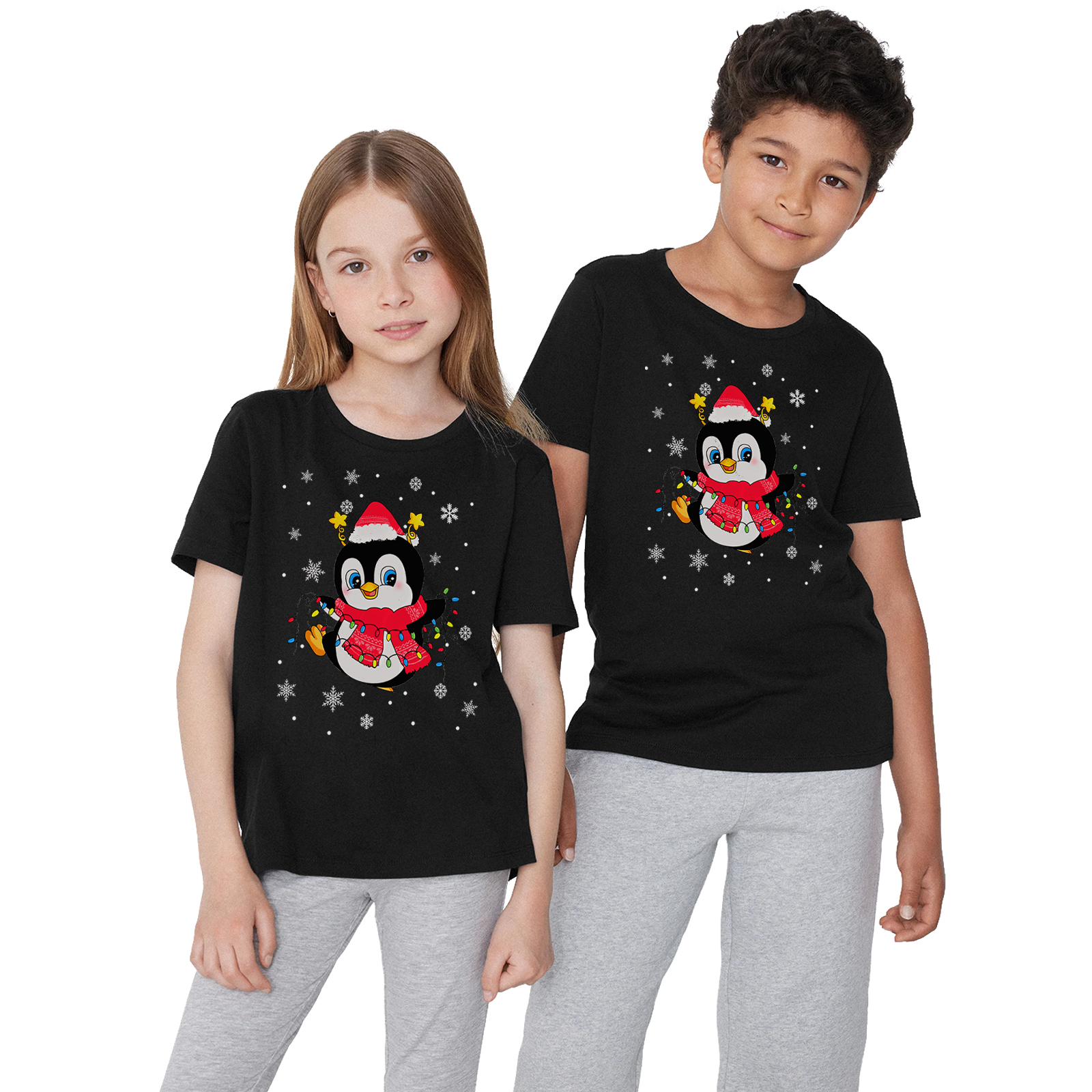 Kids Short Sleeve Crew Neck Penguin With Lights Print T-Shirt