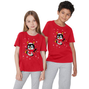 Kids Short Sleeve Crew Neck Red Penguin With Lights Print T-Shirt