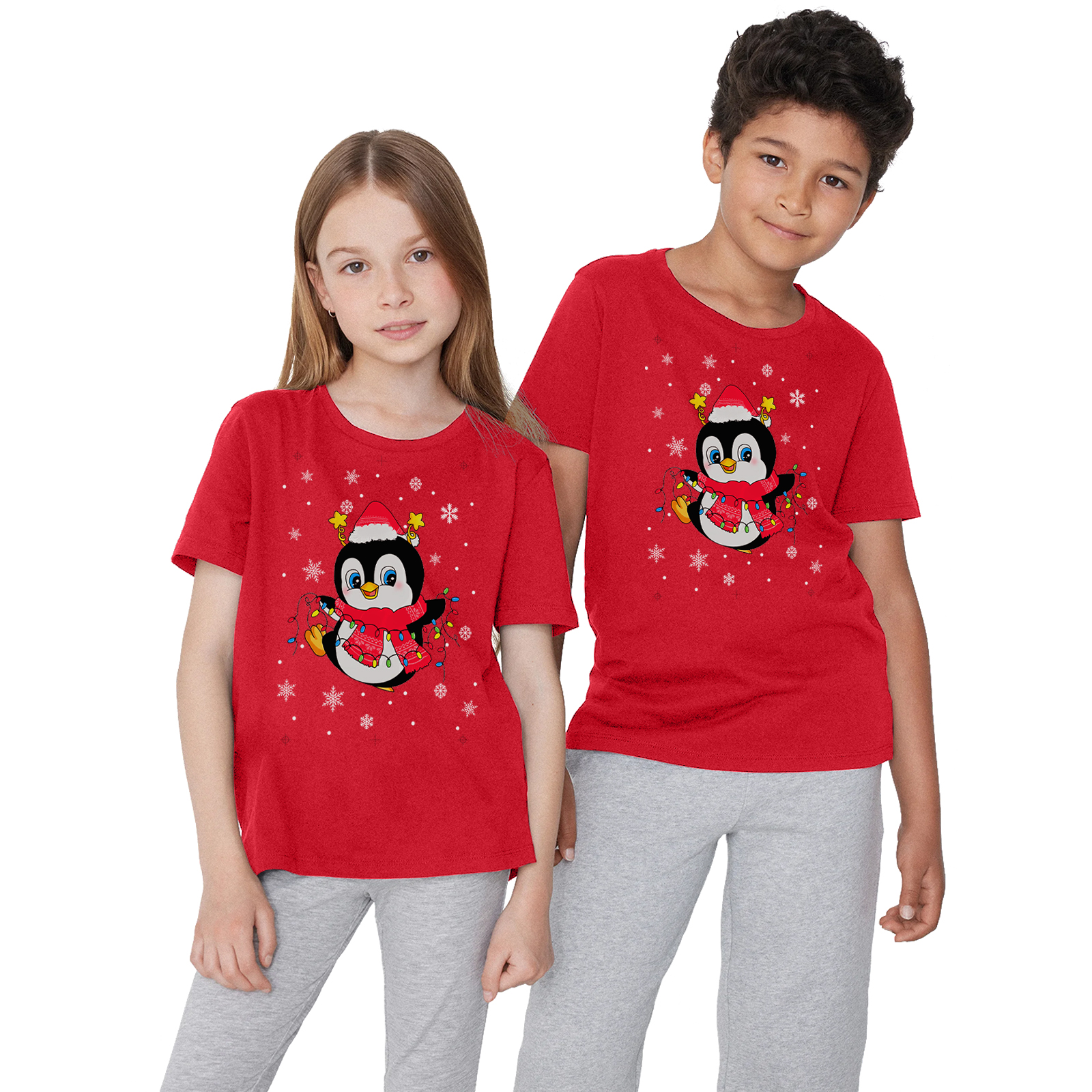 Kids Short Sleeve Crew Neck Red Penguin With Lights Print T-Shirt