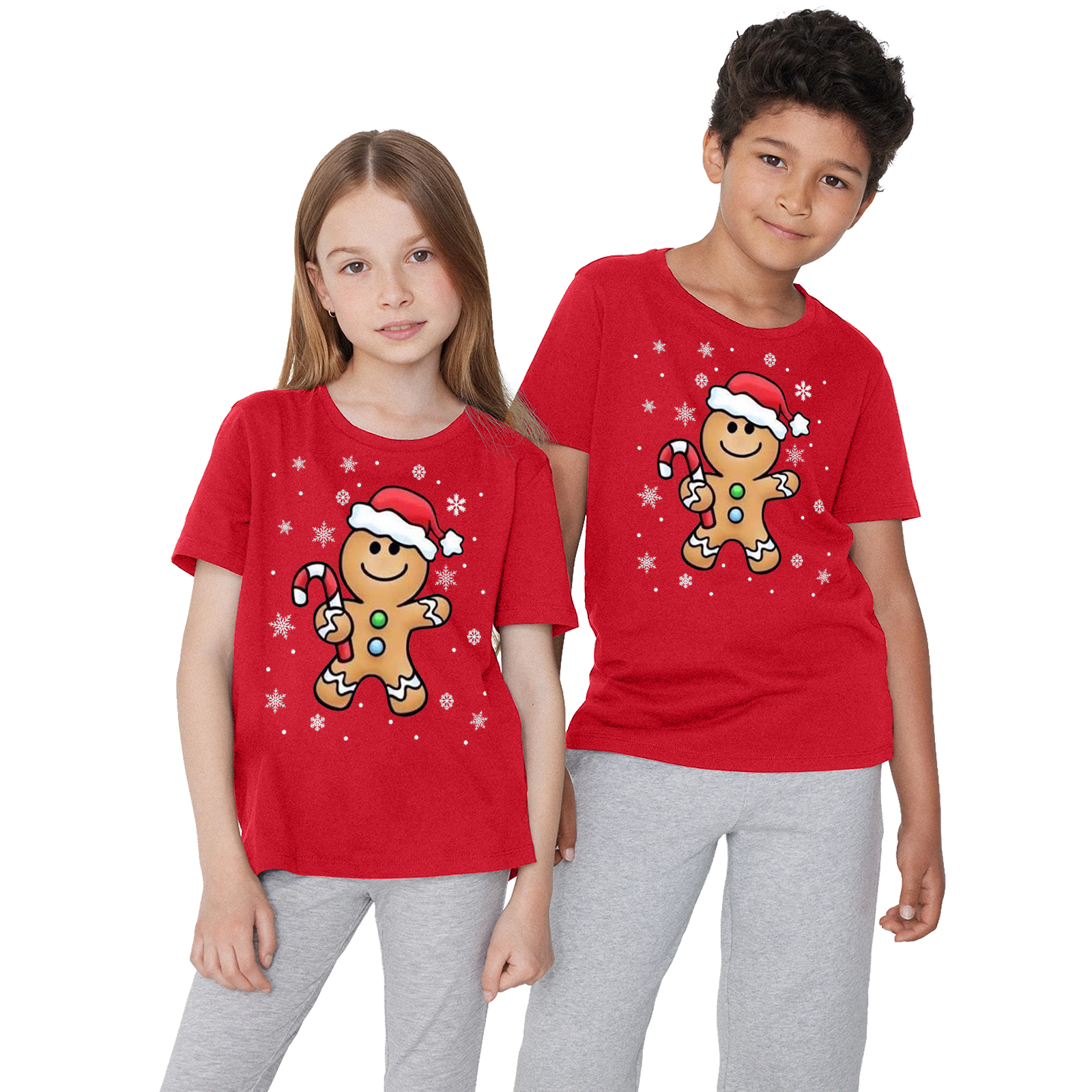 Kids Short Sleeve Crew Neck Red Gingerbread Hat Print T-Shirt