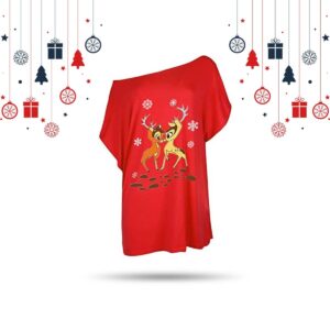Women’s Curved Hem Red Deer Kissing Christmas Print T-Shirt