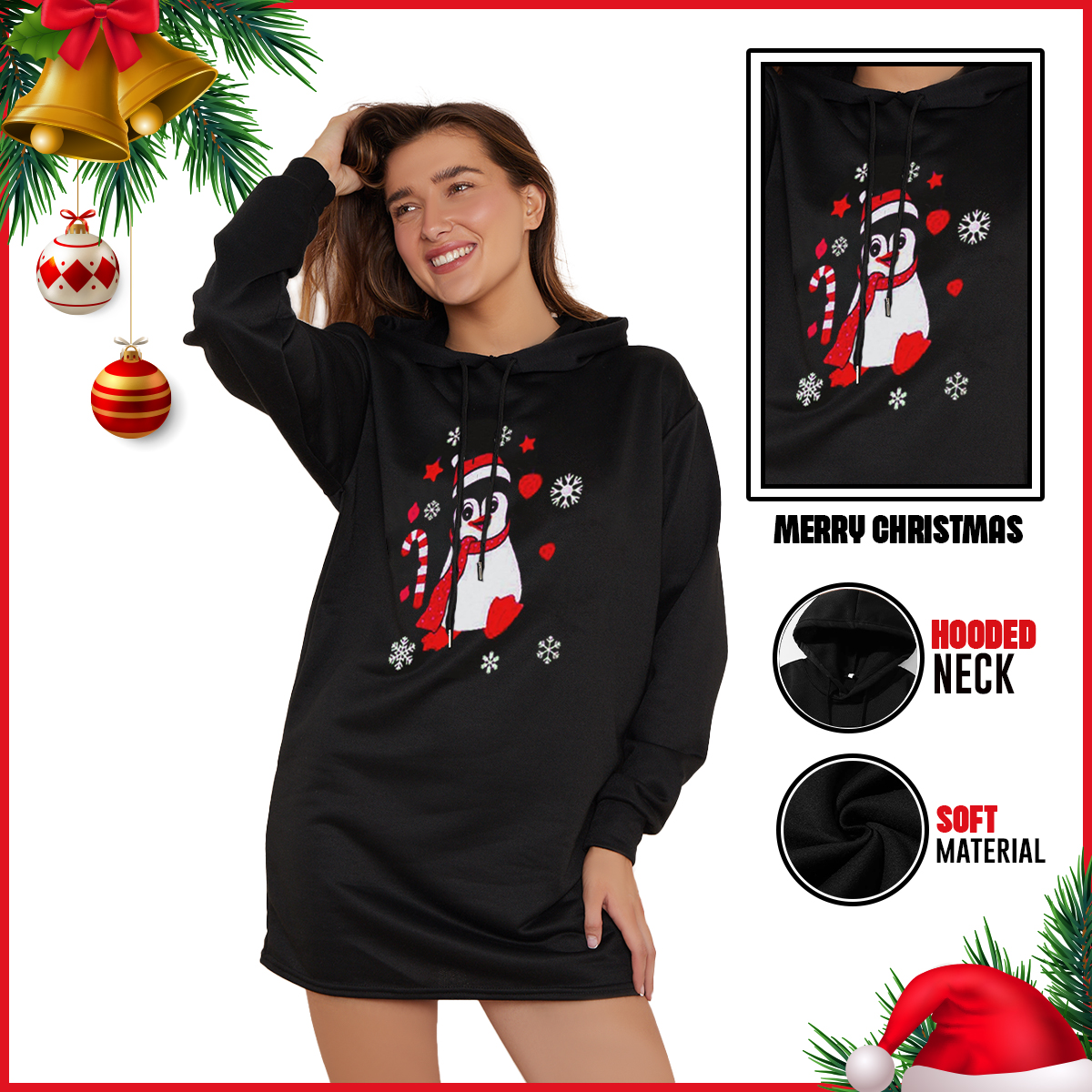 Second image of Women’s Fleece Knit Xmas Jumper – Penguin Snowflake Print