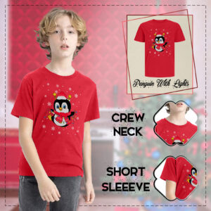 Kids Short Sleeve Crew Neck Red Penguin With Lights Print T-Shirt