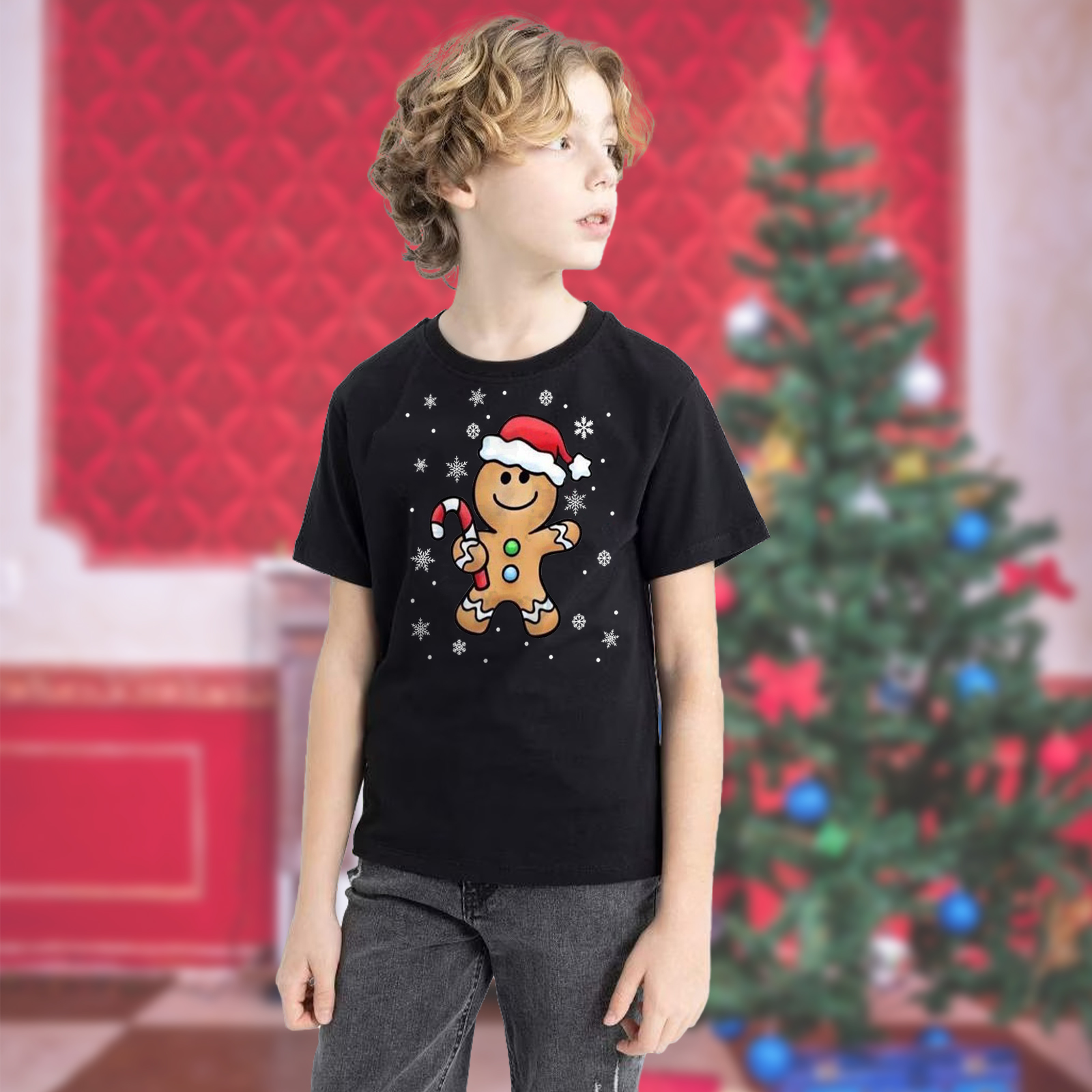 Second image of Kids Short Sleeve Crew Neck Gingerbread Hat Print T-Shirt