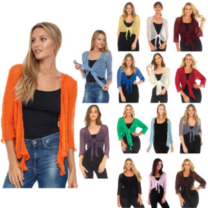 Women’s Fishnet Tie-Up Shrug – 3/4 Sleeve Knitted Bolero