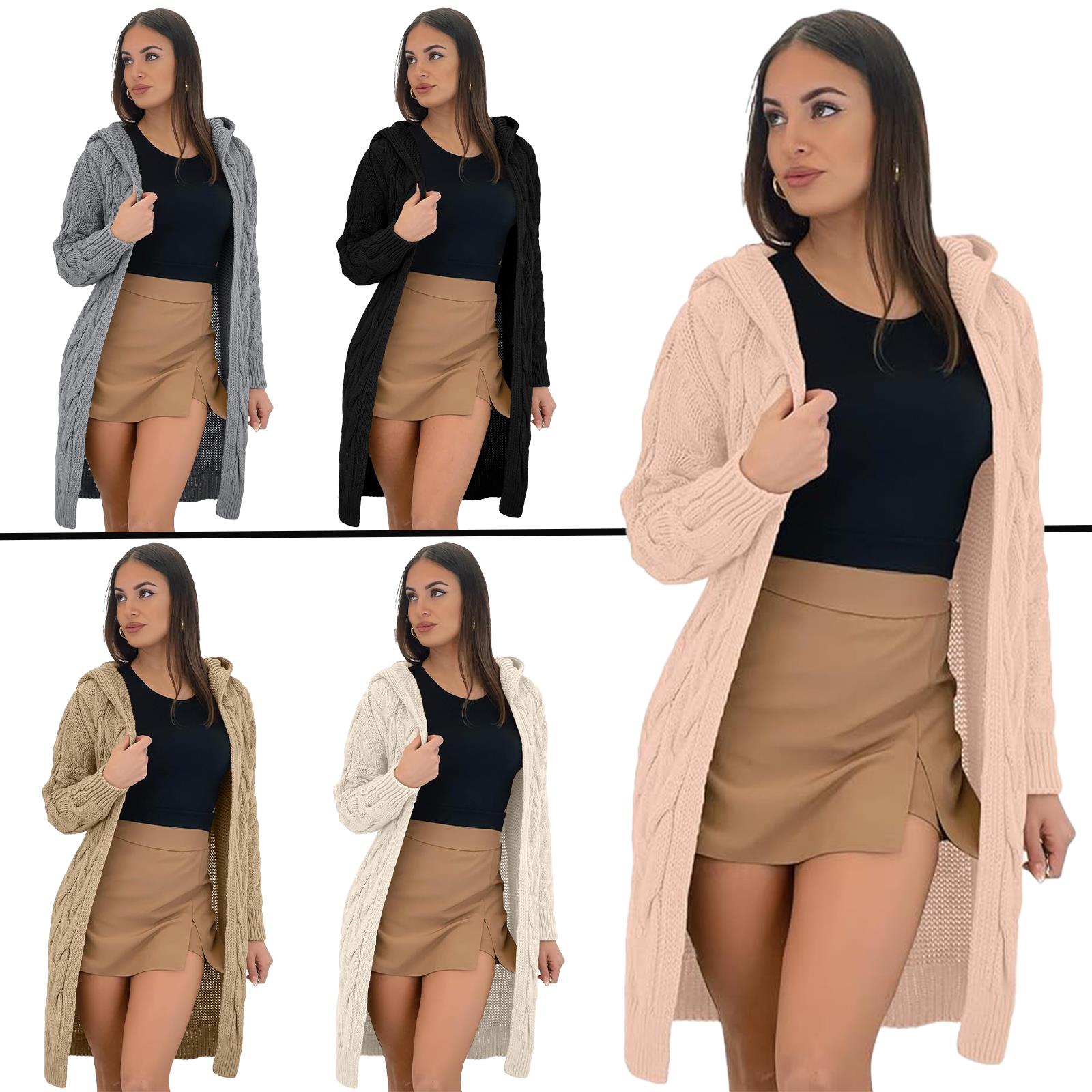 Women’s Chunky Cable Knit Longline Hooded Cardigan