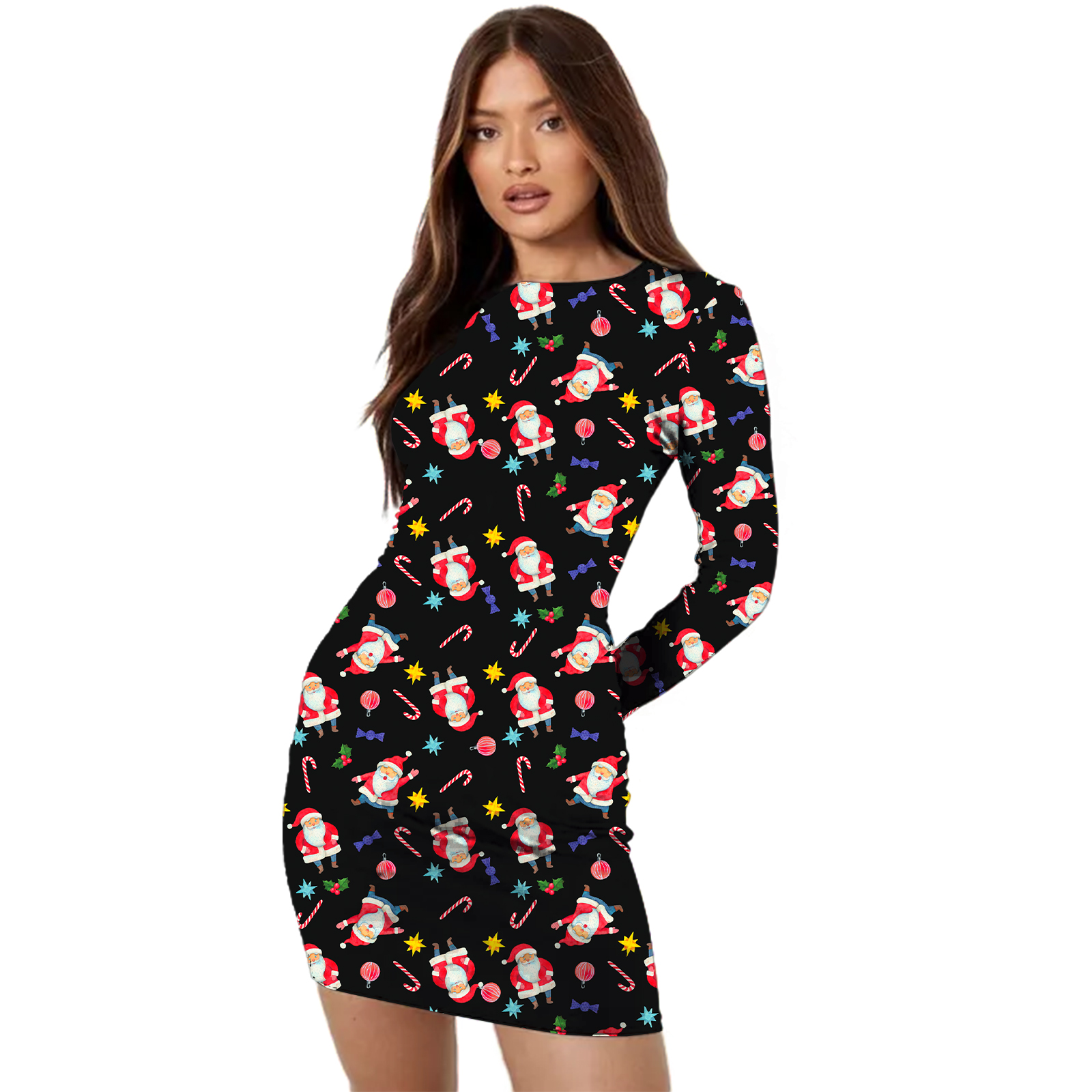 Santa & Candy Printed Xmas Bodycon Dress